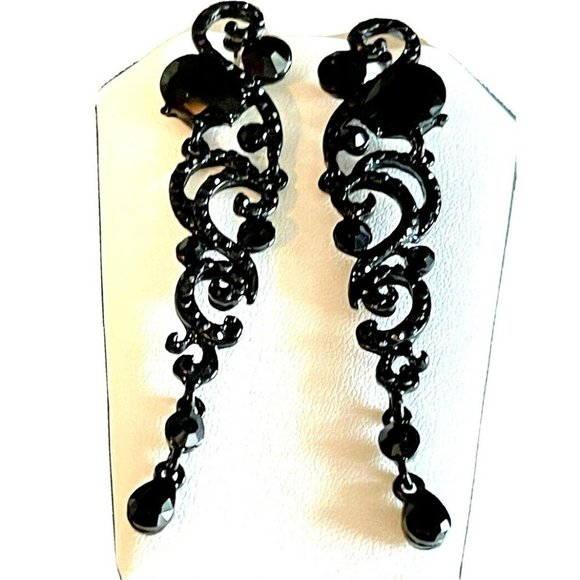 Black Earrings Holiday Halloween Wedding Bridal Black Prom Dress Earrings Dangle - Picture 1 of 6